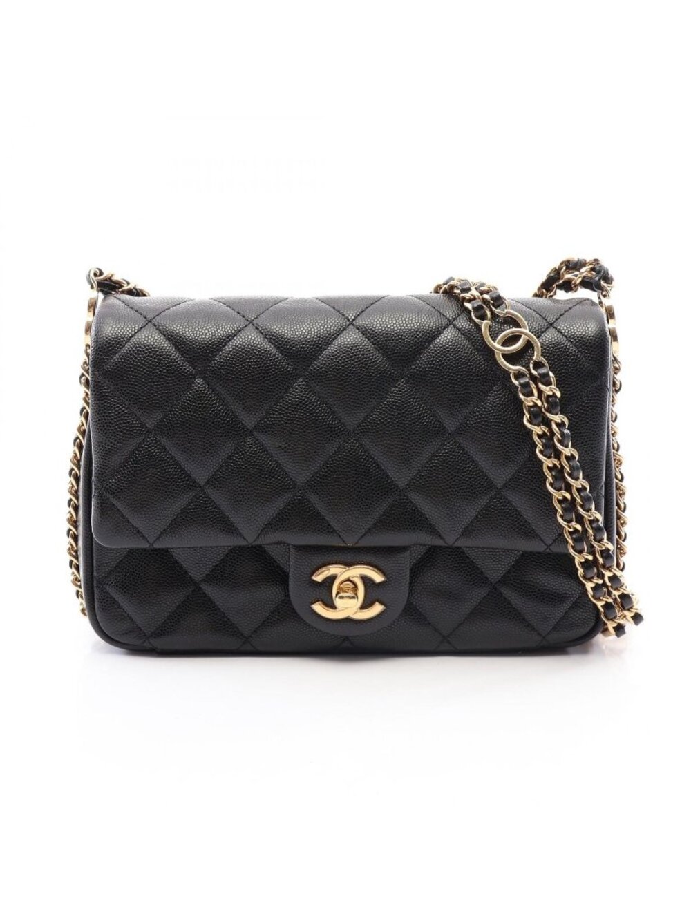 Chanel Shoulder Bag Quilted Black Caviar Leather Small Flap Chain